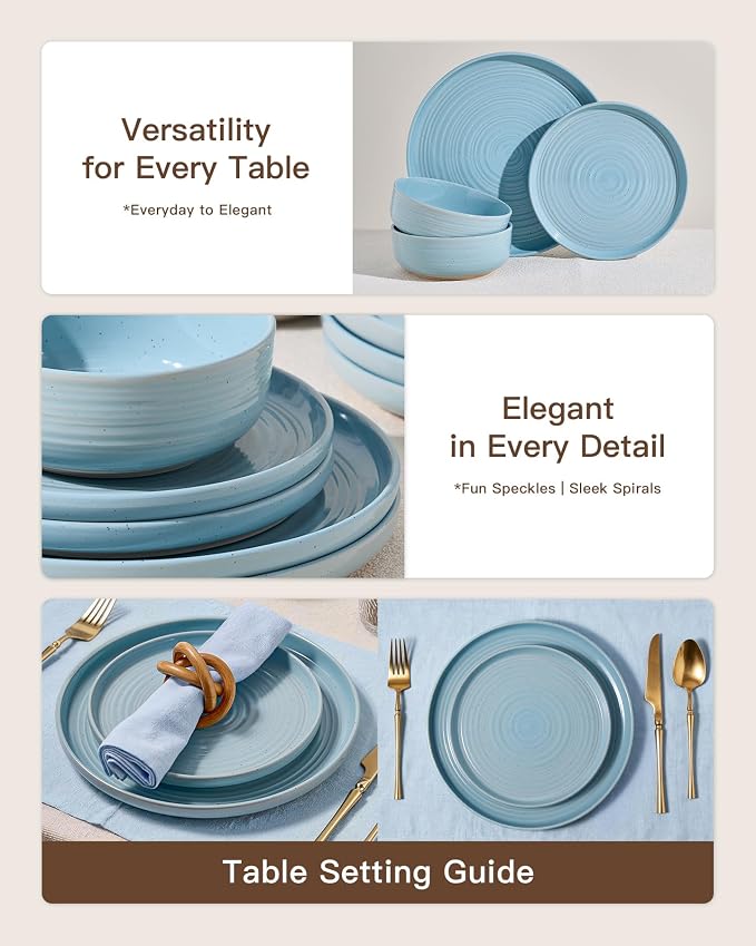 Dinnerware Sets for 8, Ceramic Plates and Bowls, Ice Blue | 24-Piece Ceramic - Image 3