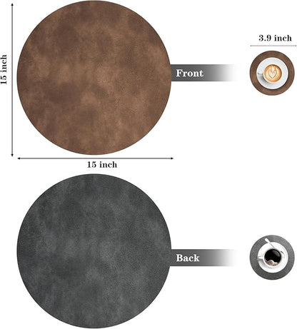Round Placemats and Coasters Set of 4, Washable Reversible Faux Leather Placemats Cowhide Pattern Place Mats Wipeable Non-Slip 15 inch Round Kitchen Dining Table Mats (Gray Light Coffee, 4)