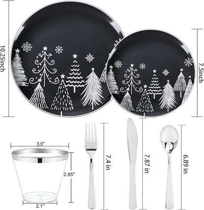 KIRE 150PCS Christmas Plates Disposable & Dinnerware Set for 25 Guests - Black & Silver Plates, Plastic Silverware & Cups With Silver Rim for Christmas/New Year
