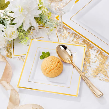 Liacere 100PCS White and Gold Square Plastic Plates-50PCS Heavy Duty 9.5inch White Dinner Plates and 50PCS 6inch White Dessert Plates - Gold Plastic Plates for Party & Christmas & New Year