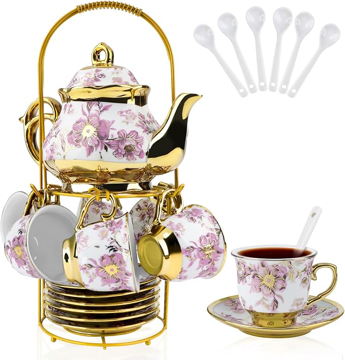 20 Pcs Porcelain Tea Set with Metal Holder, European Ceramic Tea Set by Hebaogugu