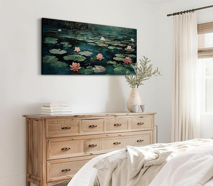 ADJUVANT Wall Art Impressionist Water Lily Pond 40" L x 20" W, Pink Lotus Flowers on Dark Blue Water Canvas Painting Nature Artwork Prints Wall Decor for Living Room Bedroom Bathroom Home Office