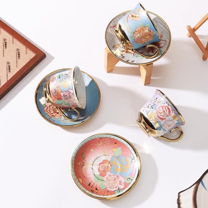 Tea Cups and Saucers, Tea Cup Set of 6, 8 OZ Floral Cups Porcelain Cup Set - Image 5