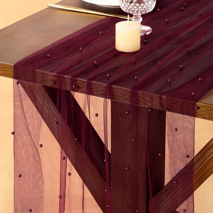 Pearl Table Runner Summer Tulle Gauze Sheer Wedding Party Home Decor | Burgundy by Socomi