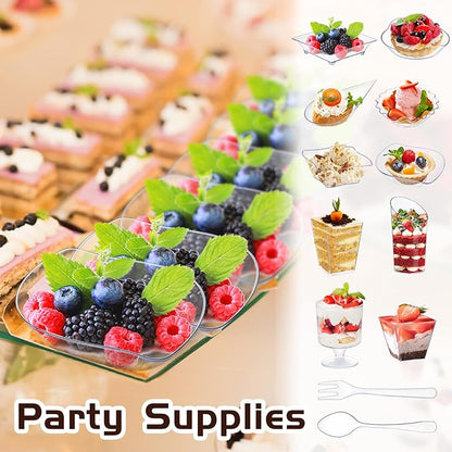 Tessco for you 1600 Pcs Mini Appetizer Plates Dessert Cups with Spoons Forks Set Assorted Shape Plastic Parfait Cups Dessert Plates Container Bowls with Disposable Spoon Fork for Party (Clear)