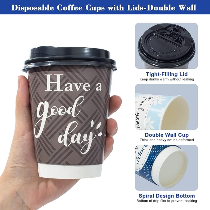 Disposable Coffee Cups with Lids 12 oz, 50 Pack Double-Walled Paper Coffee Cups - Image 6