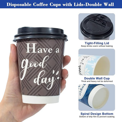 Disposable Coffee Cups with Lids 12 oz, 50 Pack Double-Walled Paper Coffee Cups - Image 6