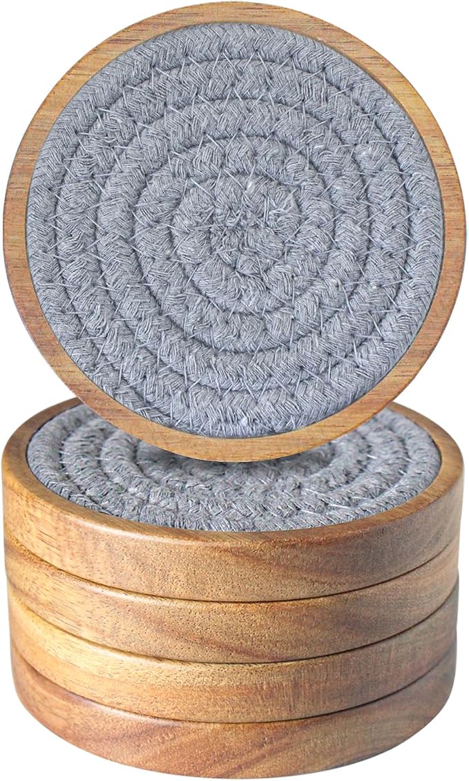 Wood Coasters for Drinks, Eykao Absorbent Coaster Sets of 5, Woven Drink by Eykao