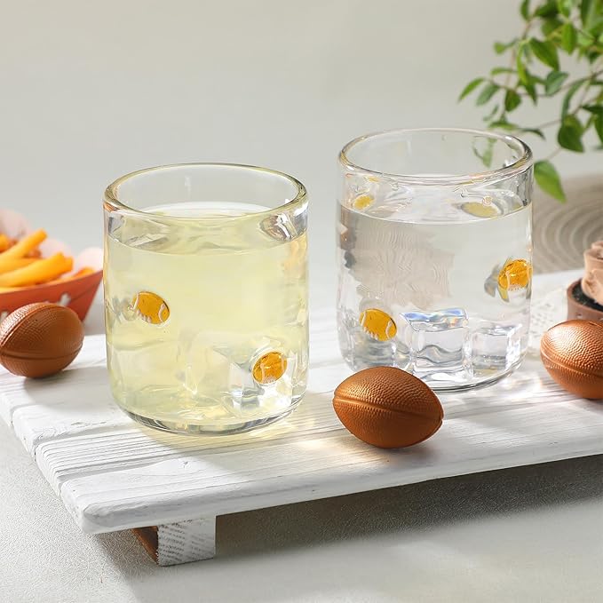 Icon Juice Glasses, 14oz Stemless Wine Drinking Juice Glass Cup for Valentine Party Supplies Gift(2 Pcs,Football)