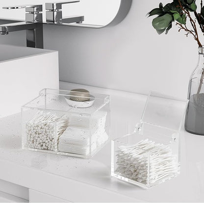 Clear Acrylic Cotton Swab Ball Holder Qtip Organizer with Lid 2-Grid Canister for Make Up Pads, Floss Picks, Vanity Storage,Bath Salts, Cosmetics, Home Bathroom Decor (DP004)