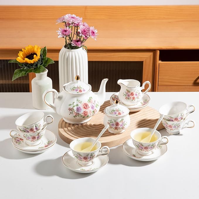 Sweejar Porcelain Tea Set Vintage Floral, British Relief Gold Rim Teapot Cup - Image 5