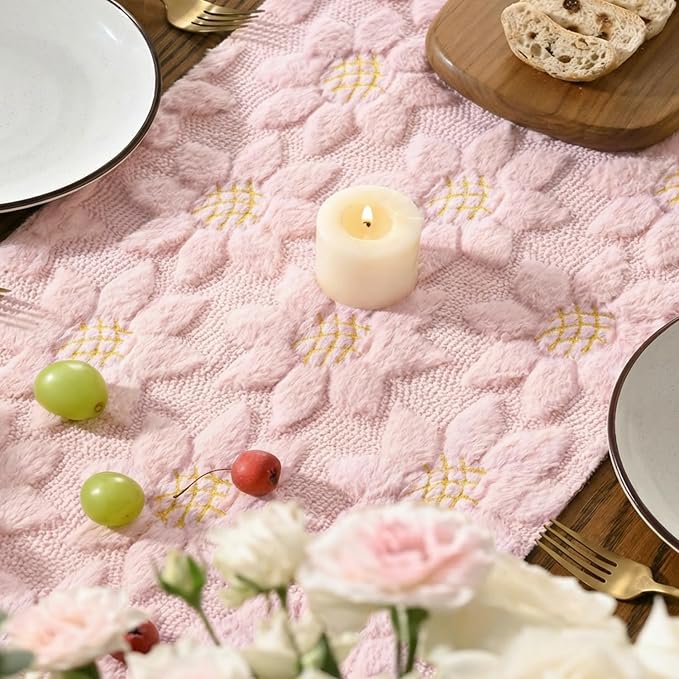 Artoid Mode Pink Soft Plush Faux Fur Jacquard Embroidery Sunflower Spring Table - Image 4