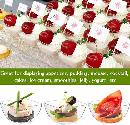 TOFLEN 100ct 2 oz Mini Dessert Cups with Spoons, Clear Plastic Reusable Small Party Serving Cups for Appetizers, Hors D'oeuvres Plates
