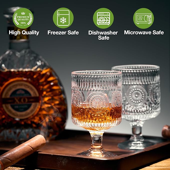 6 Packs Vintage Goblet Glasses, 8 oz Wine Glasses, Embossed Floral Glass Cups - Image 3