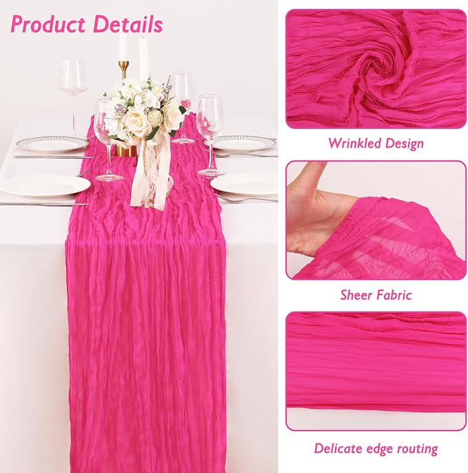 8 Pack Hot Pink Cheesecloth Table Runner 120 Inch Boho Wedding Decor | - Image 3