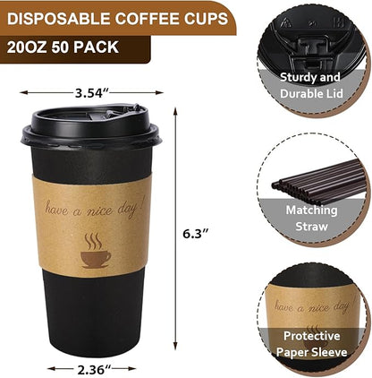 50 Pack 20 oz Disposable Coffee Cups with Lids, Paper Hot Coffee Cups with Sleeve and Straw, To Go Cups for Home, Office and Party (Black 20oz)
