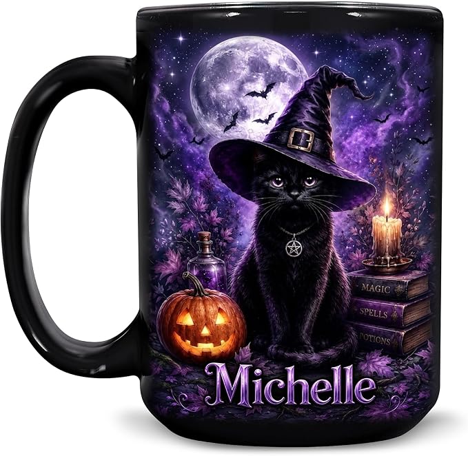 Hyturtle Personalized Halloween Black Cat Mug, Custom Name Gift by Hyturtle
