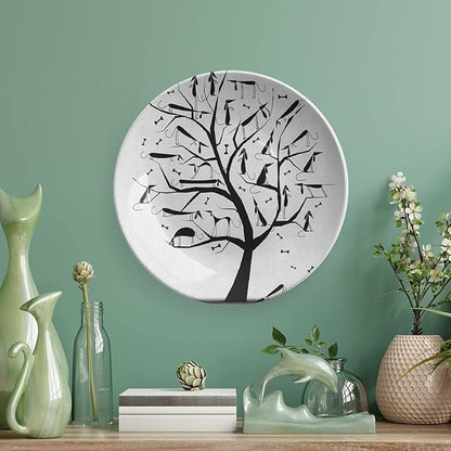 Ceramic Display Plate, Abstract Ceramic Hanging Decorative Plate, Monochrome Autumn Season Tree with Dog on The Branches, 8 Inch, Household Custom Ceramic Plate, Black and White