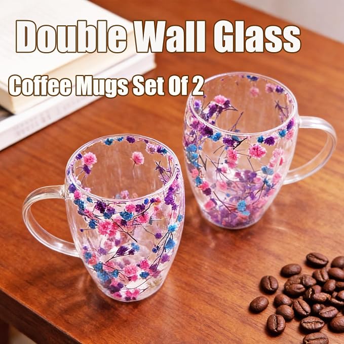 Viovian 13oz Double Wall Glass Coffee Mugs Set of 2 Insulated Glass Coffee Cups - Image 3