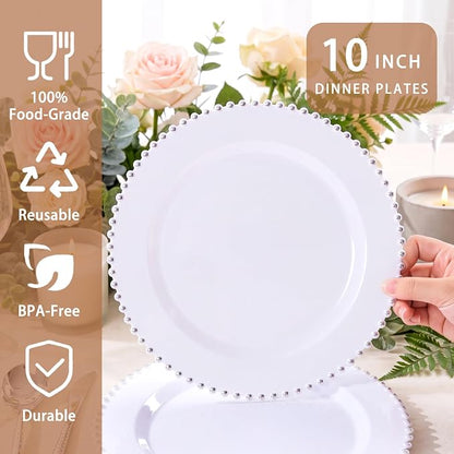 100Pcs White Plastic Dinner Plates Beaded Silver Plastic Plate Set | Heavy Duty - Image 3