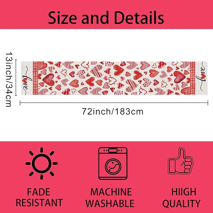 Valentine's Day Table Runner Decorations, Linen Red Table Scarf - Image 4