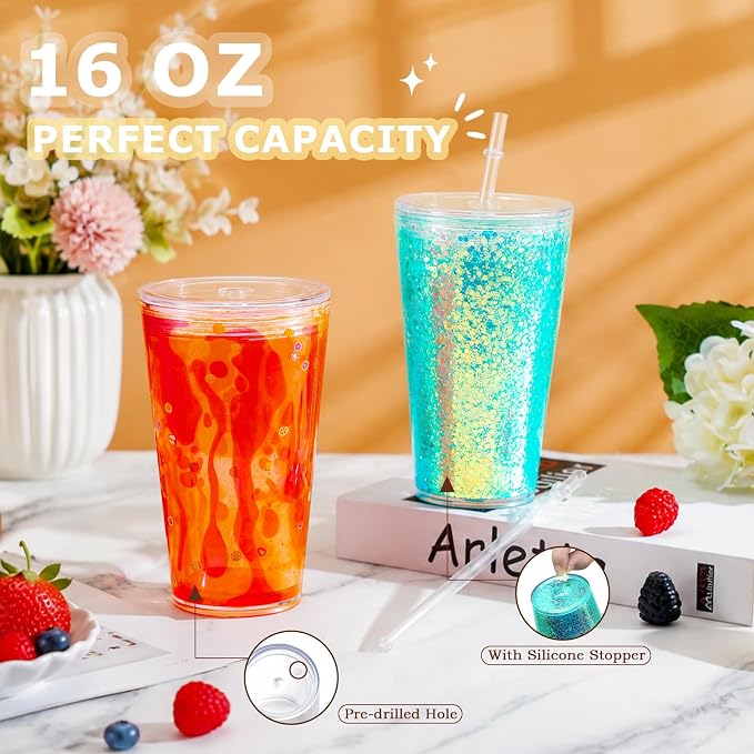 8 Pack 16 Oz Acrylic Snowglobe Tumbler, Pre-Drilled Double Wall Plastic Kids - Image 4