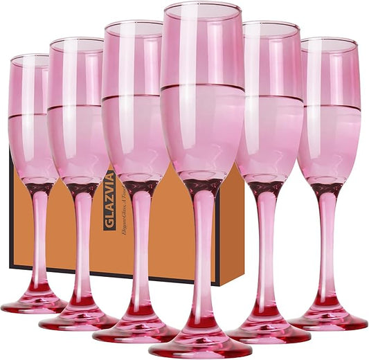 Champagne Flutes Glasses Set of 6-6oz Elegant Pink Glass, Unique Pink Colored Long Stem Champagne Flute Gift for Wedding, Anniversaries, Parties, Birthday, Restaurant, Home Bar