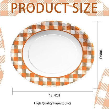 50pcs Fall Gingham Oval Paper Plates 10" x 12" Large Disposable Heavy Duty Orange & White Buffalo Checked Plaid Platters Thanksgiving Dessert Plates for Fall Harvest Themed Party Supplies Table Decor