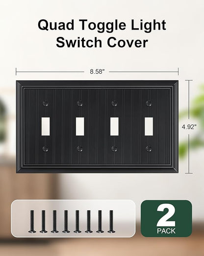2-Pack Classic Beadboard Quad Toggle Light Switch Cover Plate, Black Decorative Switch Plate Covers, Natural Bamboo Fiber 4 Gang Wall Plate for Toggle Switch and Rotary Dimmer Switch