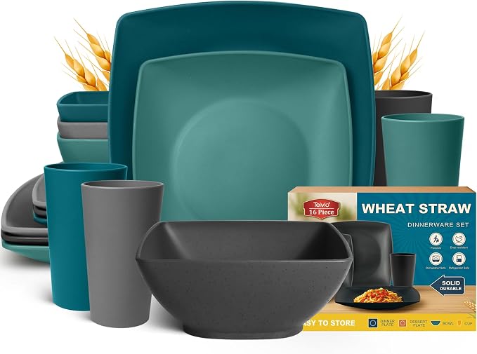 Teivio 16-piece Plastic Wheat Straw Square Dinnerware Set by Teivio