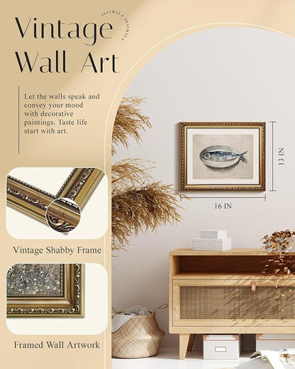 InSimSea Gold Framed Wall Art, Kitchen Dining Room Vintage Sardine on the Plate Wall Decor, Still Life Canvas Print Art, Home Farmhouse Decor, Antique Paintings with Picture Frame 13x16inch