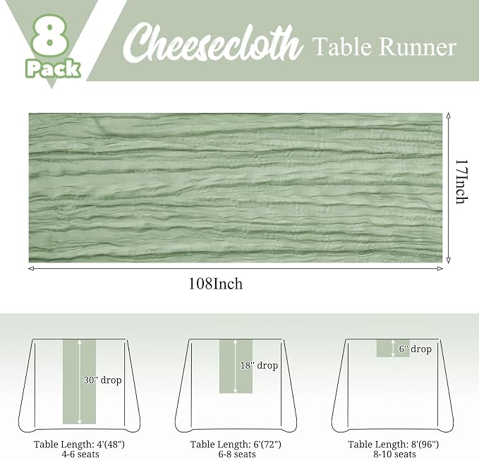 8 Pack Sage Green Table Runner 17 x 108inch Cheesecloth Table Runner Boho Gauze - Image 3