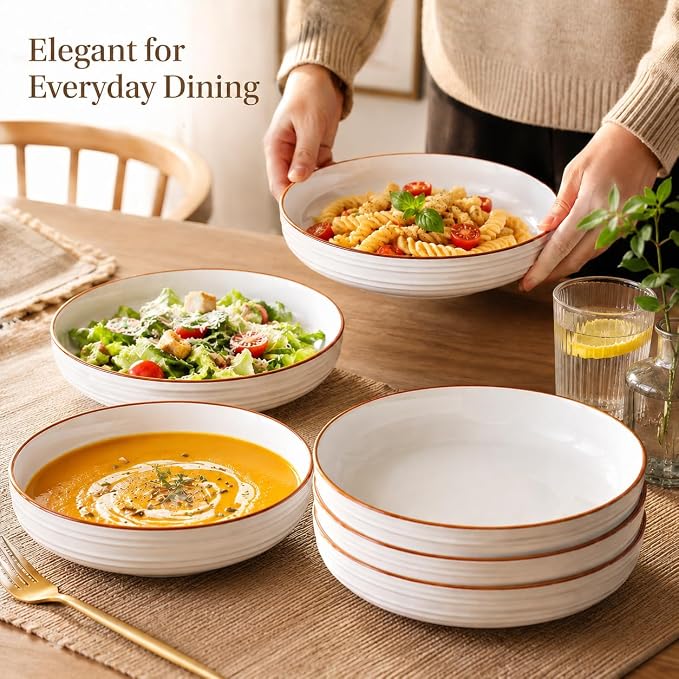 8 Inch Minimalist style Ceramic Pasta Bowls set of 4, 38 Oz White Serving Bowls - Image 6
