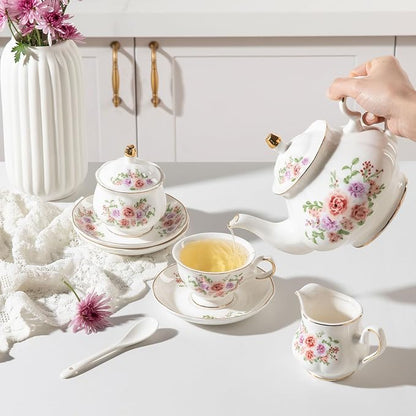 Sweejar Porcelain Tea Set Vintage Floral, British Relief Gold Rim Teapot Cup - Image 4