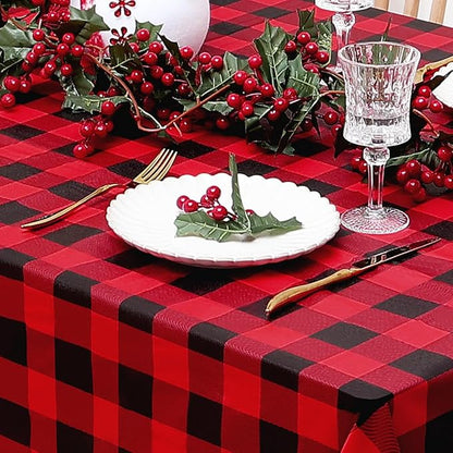 misaya Rectangle Waterproof Vinyl Table Cloth, Buffalo Flannel Backed Tablecloth, Wipeable Plastic Table Cover for Christmas (52" x 70", Red and Black)