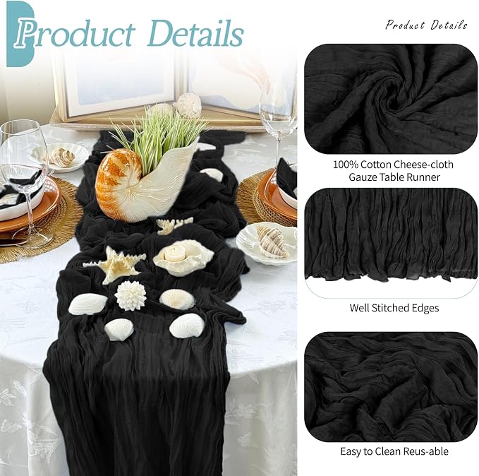 6 Pack Black Cheesecloth Table Runner 17x108 Inch Semi Sheer Boho Gauze Cheese - Image 5