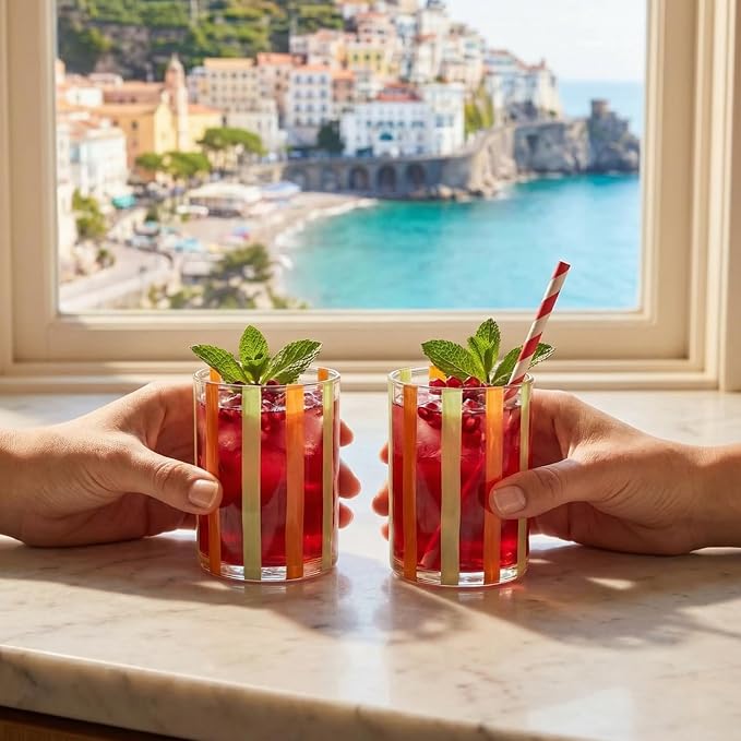 Capri Italian Design Cylindrical Tumblers, 2 Set Olive & Orange Summer Glasses - Image 8
