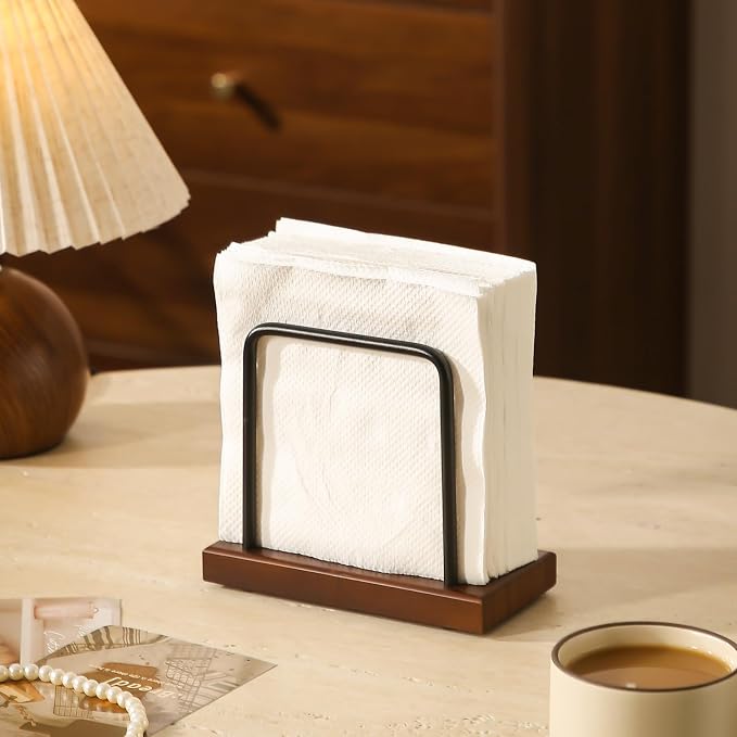Napkin Holder with Wooden Base and Black Metal Frame, Modern Style - Image 2
