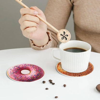 Donuts Coasters for Drinks with Holder Round Leather Coasters Set of 6 Cups Mugs Mat Pad for Home Kitchen Bar