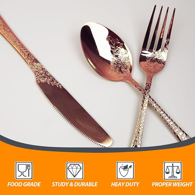 Runfly Modern Carved Floral Rose Gold Stainless Steel 20-Piece Flatware Set | - Image 4