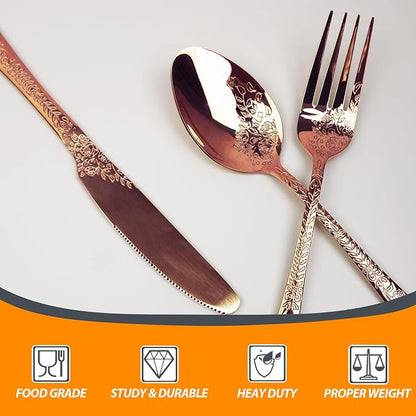 Runfly Modern Carved Floral Rose Gold Stainless Steel 20-Piece Flatware Set | - Image 4