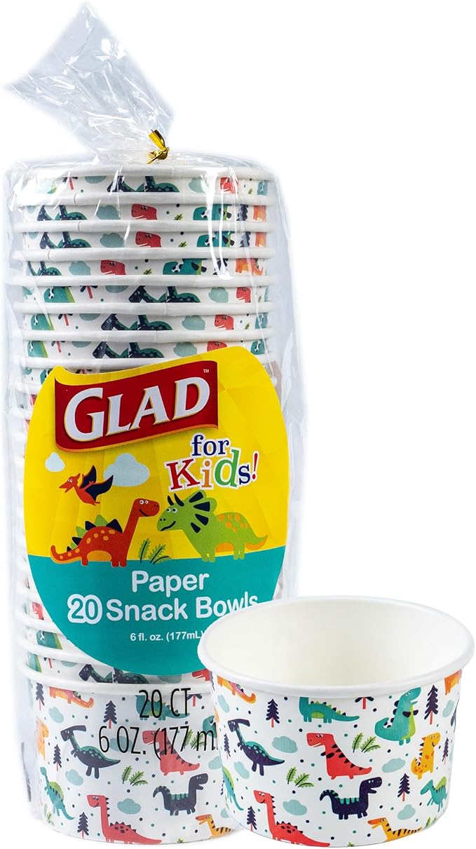 Glad for Kids Mini Disposable Paper Bowls, 6 Oz, colorful dino design, no lids by GladTrashFoodStorage