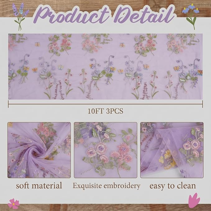 Purple Floral Table Runner 10ft Embroidery Tulle Spring Wildflower Gauze Table - Image 2