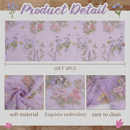 Purple Floral Table Runner 10ft Embroidery Tulle Spring Wildflower Gauze Table - Image 2