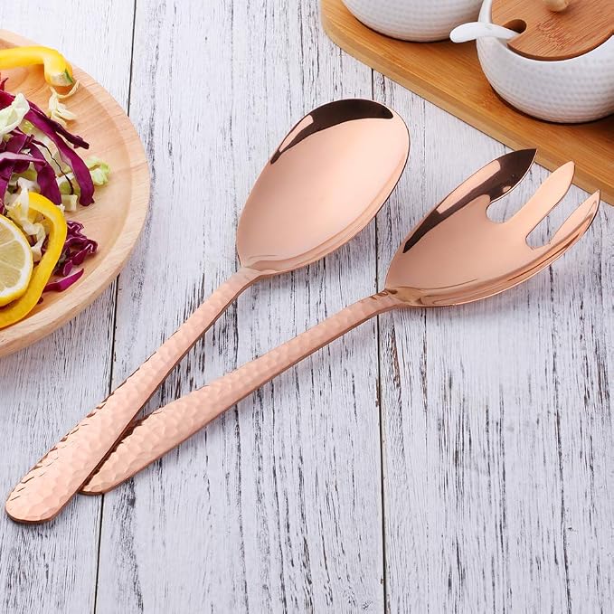 Salad Spoon and Fork Set, 12 Inch Stainless Steel Salad Server, Rose Gold Large - Image 3