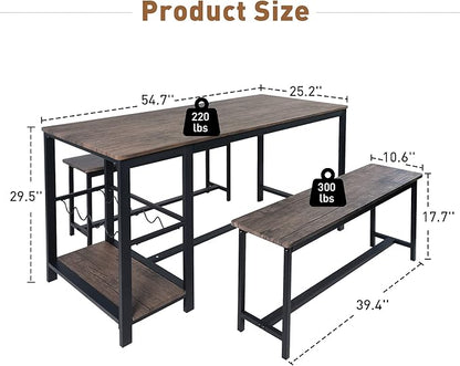 3 Piece Rustic Brown Rectangular Dining Table Set with Bench, 55''L x 25.2''W, Mid Century Modern Dining Set for Small Spaces, Compact with Storage Shelf Rack, Wine Rack