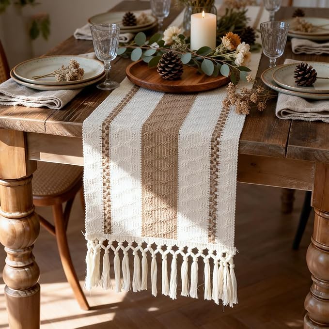 Boho Table Runner with Tassels, Farmhouse Rustic Macrame Table Runners - Image 2