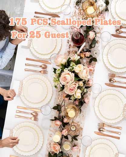 YOUBET 175PCS Ivory Scalloped Plastic Plates - Rose Gold Disposable Dinnerware Set Include 50 Plates, 75 Rose Gold Silverware, 25 Cups, 25 Napkins for Party & Wedding & Baby Shower