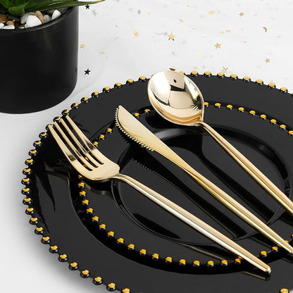 EI 60pcs Black Plastic Plates,Black and Gold Plastic Plates Disposable,Fancy Heavy Duty 10" Dinner & 7" Dessert Plate for Party,Birthday,Anniversary,Wedding,Afternoon Tea,Business Events,Banquets