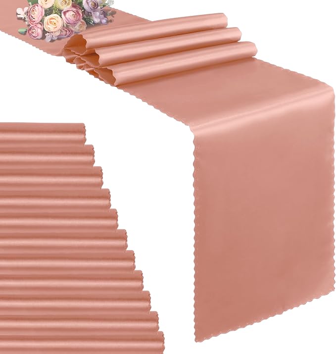 VACVELT Rose Gold Satin Table Runners, 12x72 Inch, 12 Pack, Scalloped Edge | by VACVELT